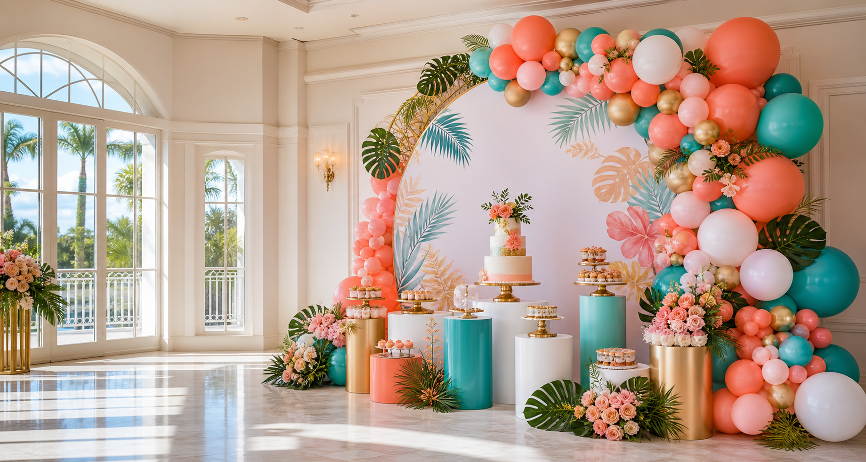 Luxury party decoration setup with balloons, backdrop, and dessert pedestals