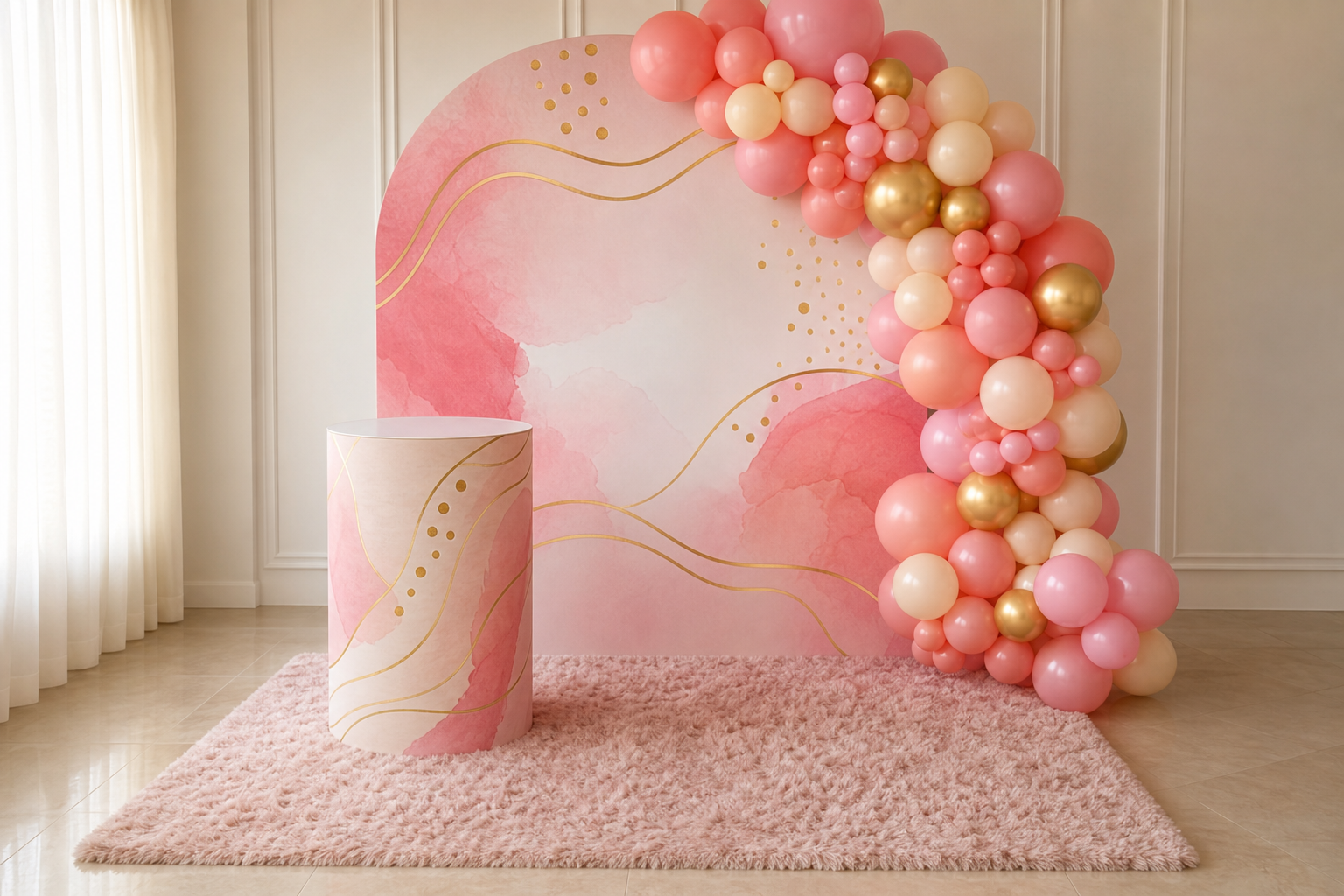 Package 1 setup with a small printed backdrop, pedestal, half balloon arch, and carpet