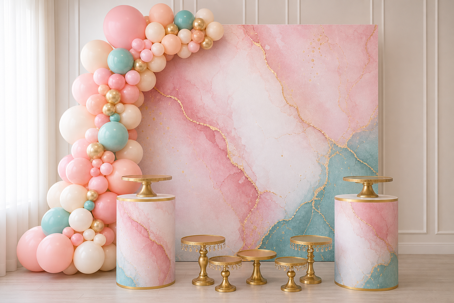 Package 2 setup with a printed backdrop, half balloon arch, two pedestals, and dessert bases