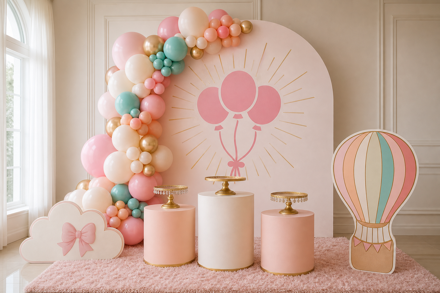 Package 3 setup with organic balloons, printed backdrop, three pedestals, themed props, and dessert bases