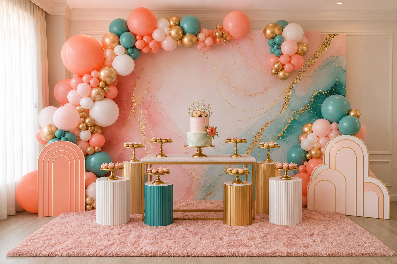 Package 4 setup with a large printed backdrop, organic balloons, pedestals, themed props, dessert bases, and carpet