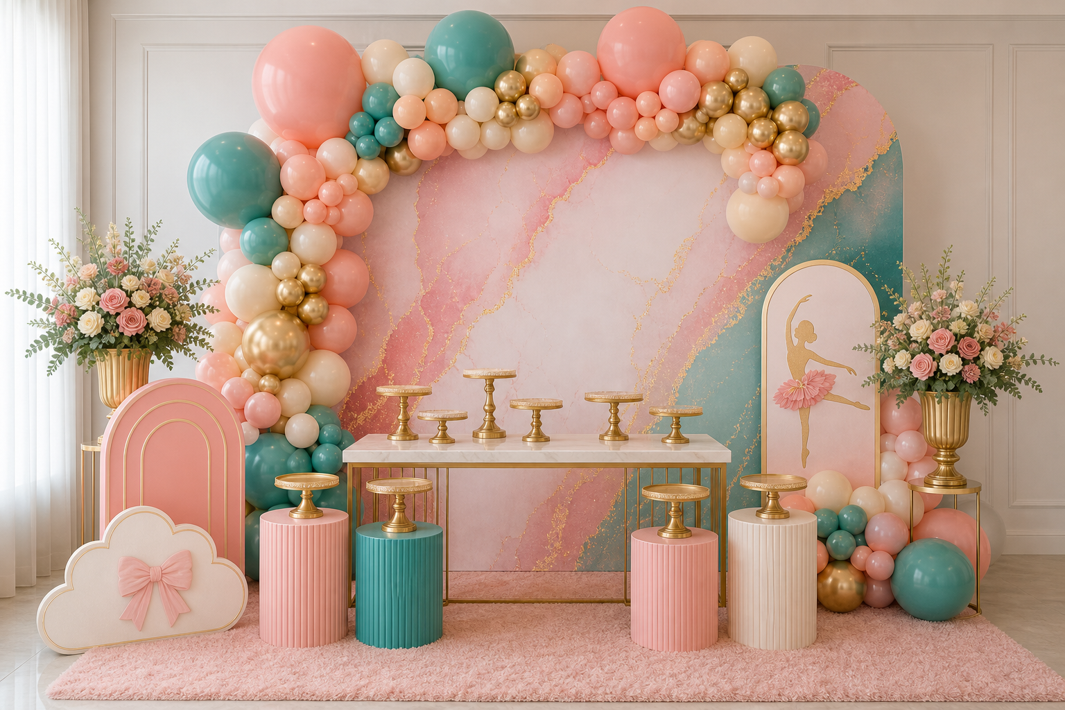 Package 5 setup with large organic balloons, printed backdrop, pedestals, themed props, dessert bases, and floral arrangements