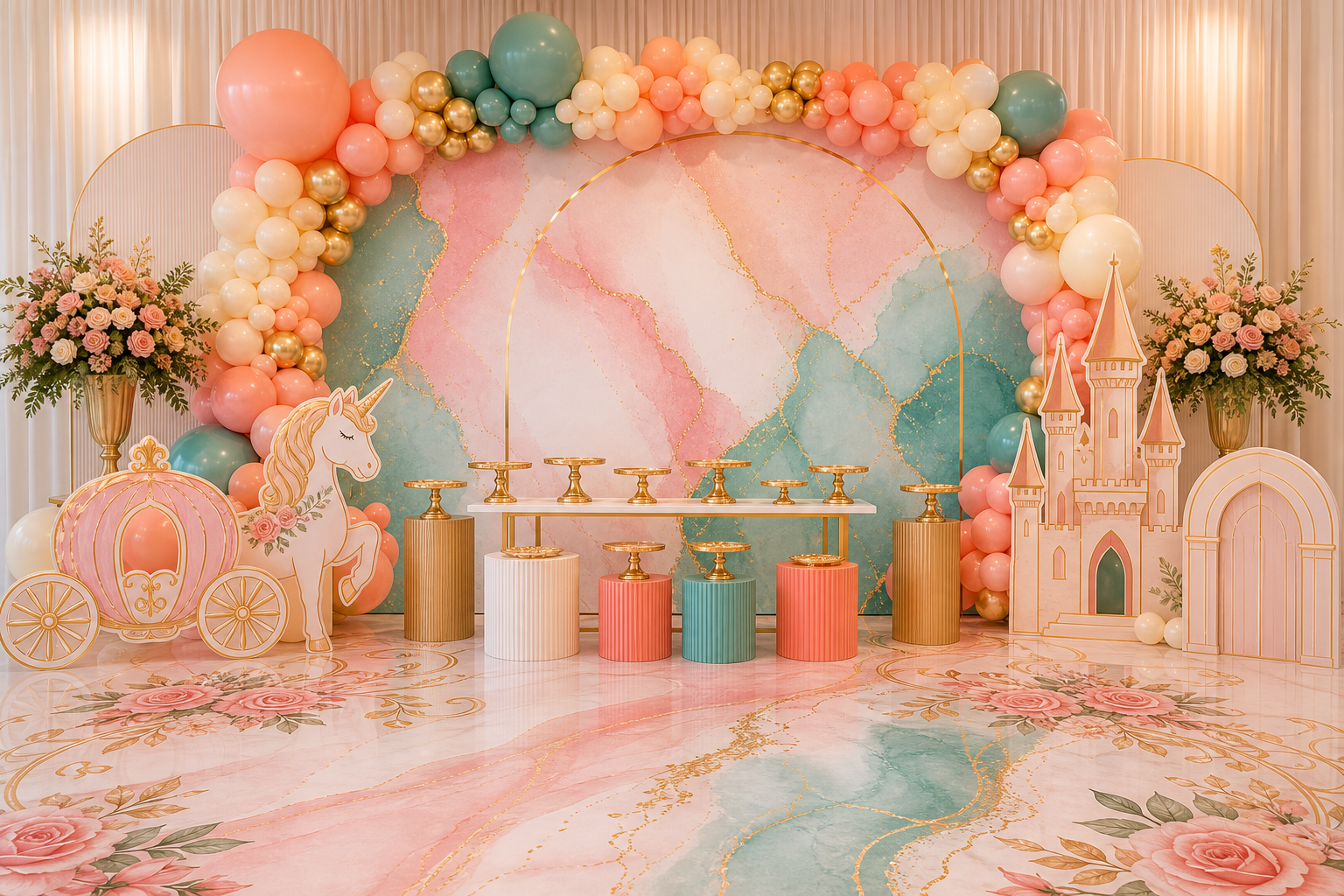 Package 6 setup with a custom floor, large backdrop, organic balloons, pedestals, four props, dessert bases, and natural flowers