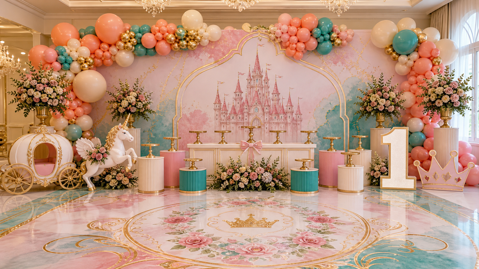 Package 7 signature setup with a wide printed backdrop, custom floor, large organic balloons, props, 3D props, dessert bases, and florals